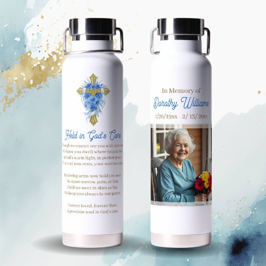 Golden Cross and Flowers Memorial Keepsake Trinkflasche