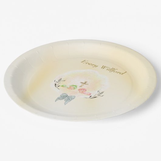 Golden Cross floral baptism paper plates Pappteller (Schrägansicht)