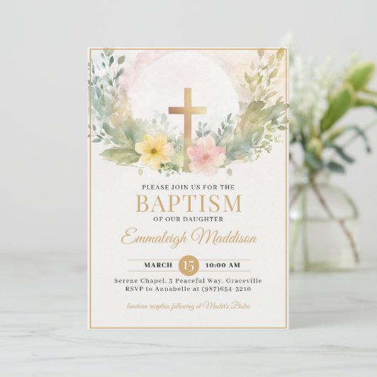 Golden Cross Florals Christening oder Taufe Einladung (Stehend Vorderseite)