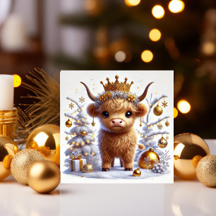 Golden Crown Christmas Highland Cow Feiertagskarte
