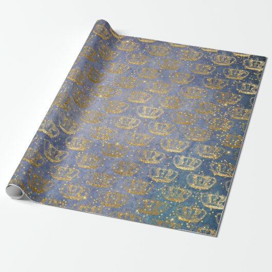 Golden Crown Confetti Royal Gray Blue Velvet Geschenkpapier (Ungerollt)
