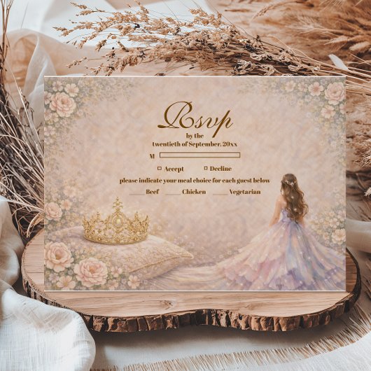 Golden Crown Fairytale Quinceañera RSVP Karte