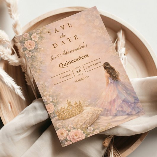Golden Crown Fairytale Quinceañera Save The Date