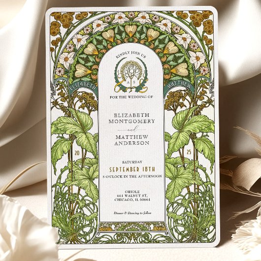 Golden Daisies & Green Foliage Jugendstil Hochzeit Einladung