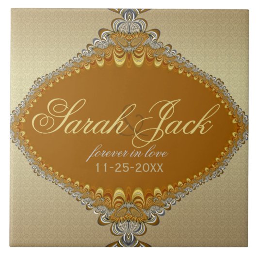 Golden Damask Fraktal Lace Wedding Keepake Fliese (Vorderseite)