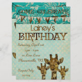 Golden Damask Giraffes Blauer Geburtstag Einladung (Vorne/Hinten)
