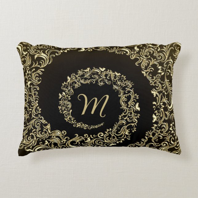 Golden Damask Monogram Dekokissen (Vorderseite)