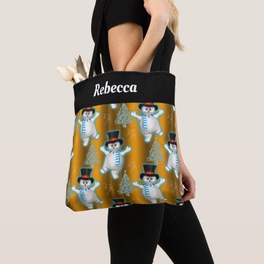 Golden Dancing Snowmen Weihnachten Große Weihnacht Tasche (Von Nahem)