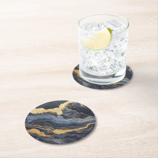 Golden Dark Blue Marble Muster Runder Pappuntersetzer (Vor Ort)