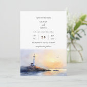 Golden Dawn Lighthouse Wassercolor Beach Hochzeit Einladung (Stehend Vorderseite)