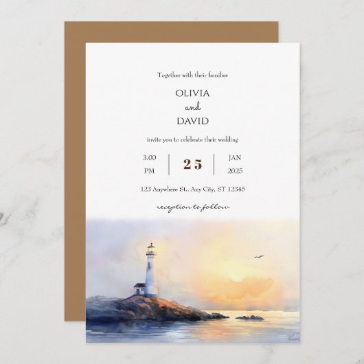 Golden Dawn Lighthouse Wassercolor Beach Hochzeit Einladung (Vorne/Hinten)