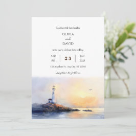 Golden Dawn Lighthouse Wassercolor Beach Hochzeit Einladung
