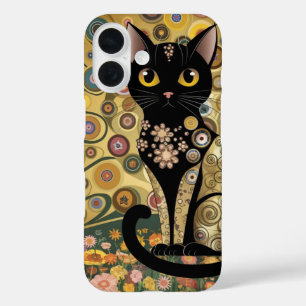 Golden Decorative Gustav Klimt Style Schwarze Katz iPhone 16 Hülle