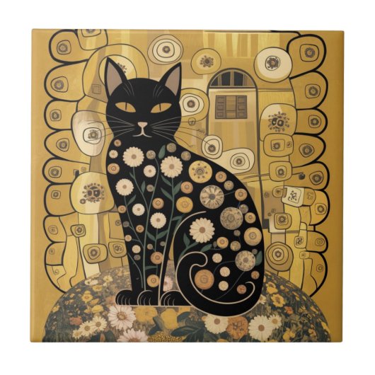 Golden Decorative Gustav Klimt Style Schwarze Katz Fliese (Vorderseite)
