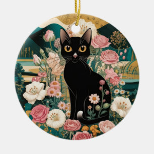 Golden Decorative Gustav Klimt Style Schwarze Katz Keramik Ornament