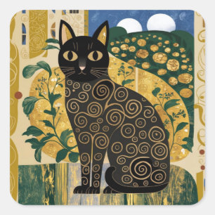 Golden Decorative Gustav Klimt Style Schwarze Katz Quadratischer Aufkleber