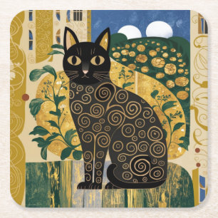 Golden Decorative Gustav Klimt Style Schwarze Katz Rechteckiger Pappuntersetzer