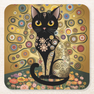 Golden Decorative Gustav Klimt Style Schwarze Katz Rechteckiger Pappuntersetzer