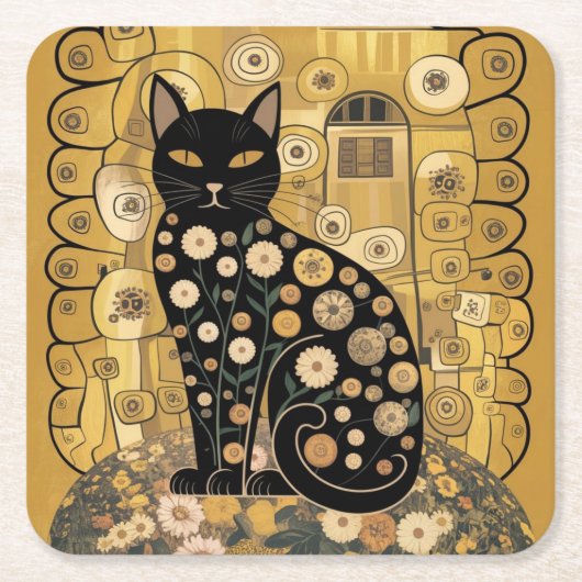 Golden Decorative Gustav Klimt Style Schwarze Katz Rechteckiger Pappuntersetzer (Vorderseite)