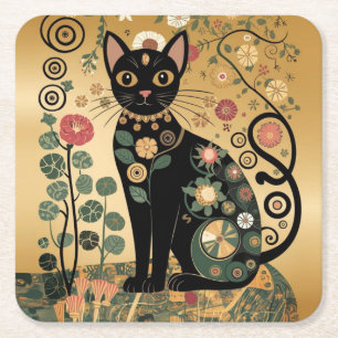 Golden Decorative Gustav Klimt Style Schwarze Katz Rechteckiger Pappuntersetzer