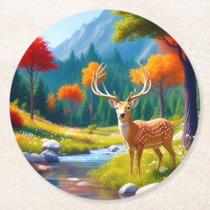 Golden Deer Stehend im Wald-987679 Runder Pappuntersetzer