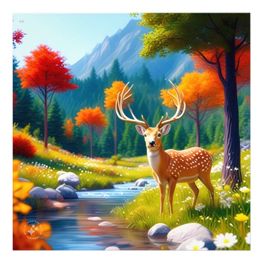 Golden Deer Stehend im Wald Fotodruck (Vorne)