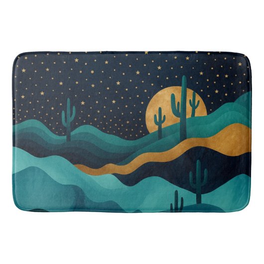 Golden Desert Nightscape - Abstrakte Kakteen Art Badematte (Vorderseite)