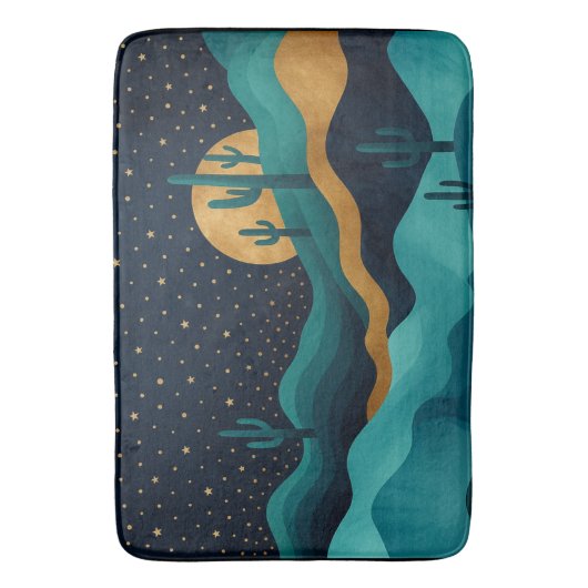 Golden Desert Nightscape - Abstrakte Kakteen Art Badematte (Vorderseite Vertikal)