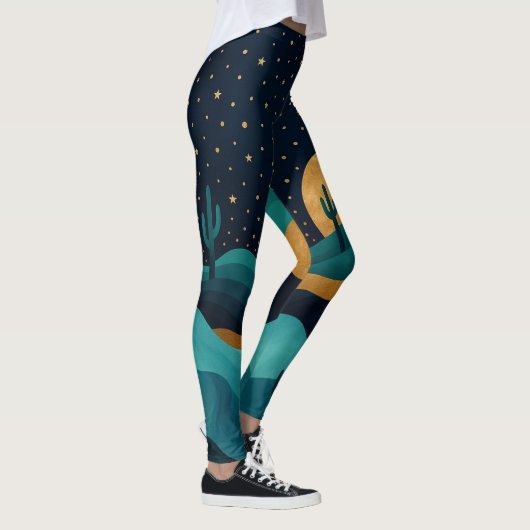 Golden Desert Nightscape - Abstrakte Kakteen Art Leggings (Rechts)
