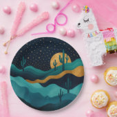 Golden Desert Nightscape - Abstrakte Kakteen Art Pappteller (Party)