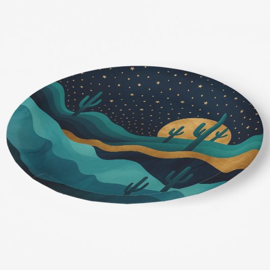 Golden Desert Nightscape - Abstrakte Kakteen Art Pappteller (Schrägansicht)