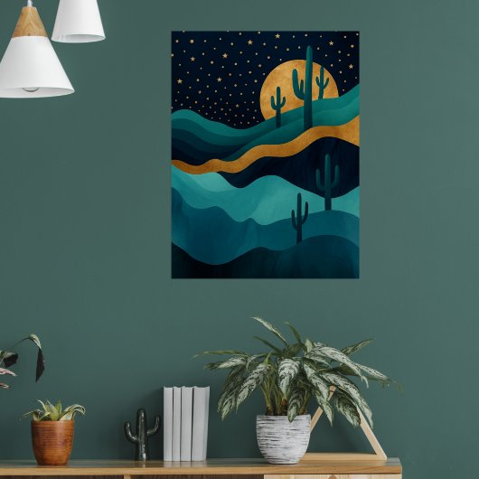 Golden Desert Nightscape - Abstrakte Kakteen Art Poster (Wohnzimmer 1)