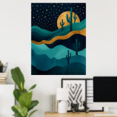 Golden Desert Nightscape - Abstrakte Kakteen Art Poster (Heimbüro)