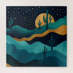 Golden Desert Nightscape - Abstrakte Kakteen Art Puzzle
