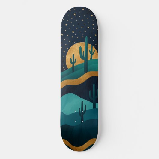 Golden Desert Nightscape - Abstrakte Kakteen Art Skateboard (Vorderseite)