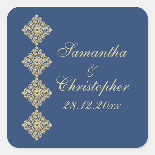 Golden Diamond Damask Blue Wedding Quadratischer Aufkleber (Vorderseite)