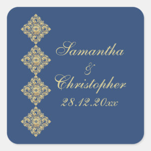 Golden Diamond Damask Blue Wedding Quadratischer Aufkleber