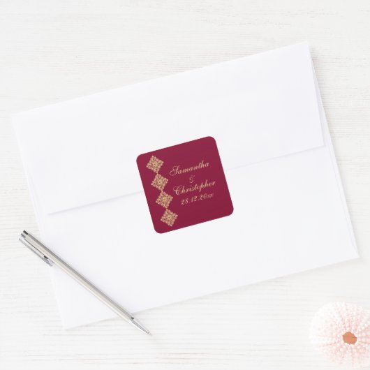 Golden Diamond Damask Wedding Quadratischer Aufkleber (Umschlag)