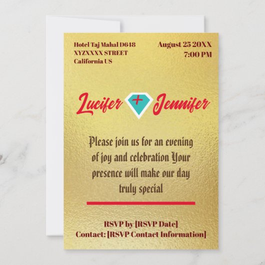 Golden Diamond Moderne Elegante Hochzeit nach Maß Einladung (Rückseite)