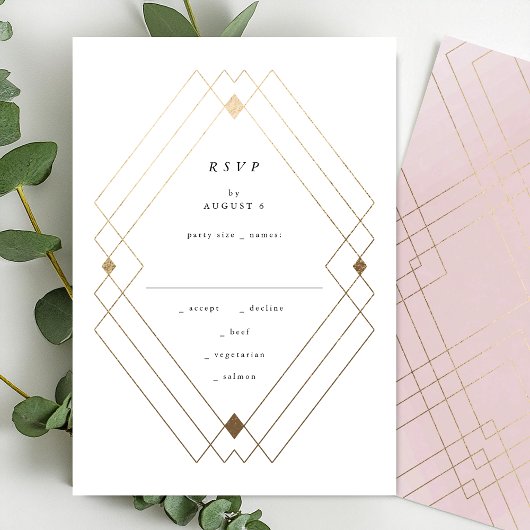 Golden Diamond Pink Geometric Deko Gatsby Wedding RSVP Karte