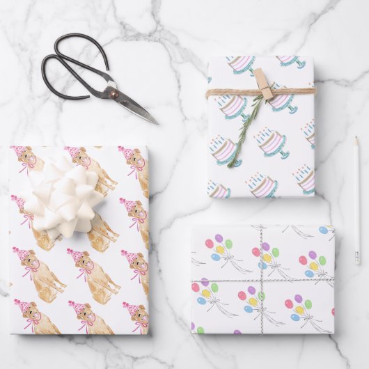 Golden Dog Birthday Hut Balloons Kuchen Pet Spaß Geschenkpapier Set (Vorderseite)