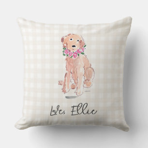 Golden Doodle Art Hund Blume Liebe NAME Gingham Kissen