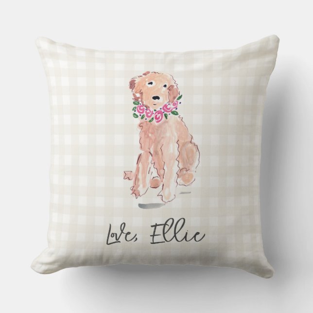 Golden Doodle Art Hund Blume Liebe NAME Gingham Kissen (Vorderseite)