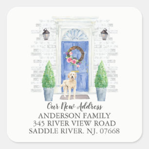 Golden Doodle Blue Door New Address Label Aufklebe Quadratischer Aufkleber