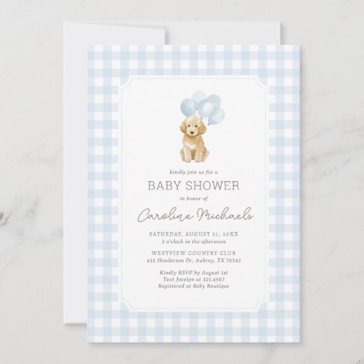 Golden Doodle Blue Gingham Baby Dusche Einladung (Vorderseite)