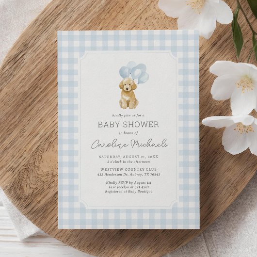 Golden Doodle Blue Gingham Baby Dusche Einladung