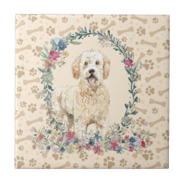 Golden Doodle Dog Paw Print Floral Niedlich Beige Fliese