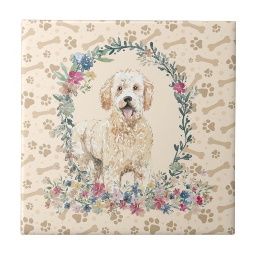 Golden Doodle Dog Paw Print Floral Niedlich Beige Fliese (Vorderseite)