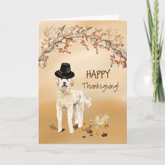 Golden Doodle Funny Pilgrim Hat Erntedank Karte (Vorderseite)