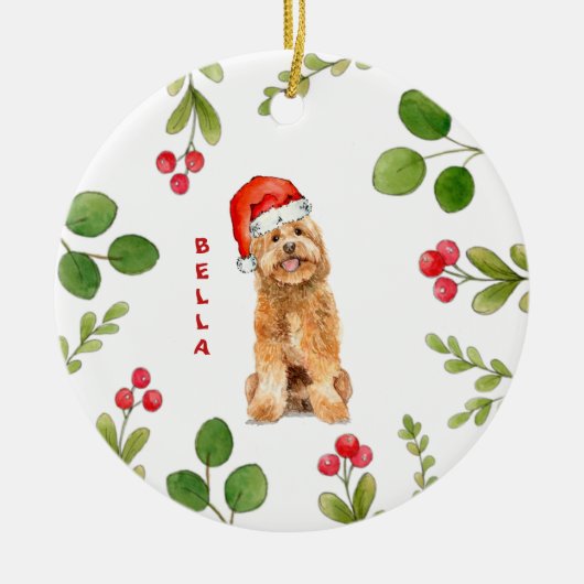 Golden Doodle Hund mit Weihnachtsmannmütze Keramik Ornament (Vorne)